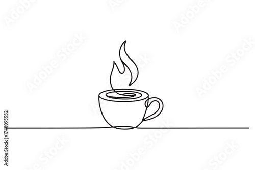 Continuous one line drawing of coffee cup with steam minimalist outline art
