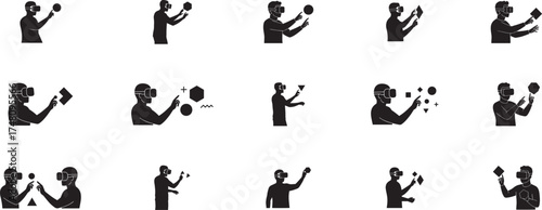 Virtual reality icons set silhouettes of people interacting with digital worlds and virtual objects using vr headsets and controllers for futuristic technology concepts vector