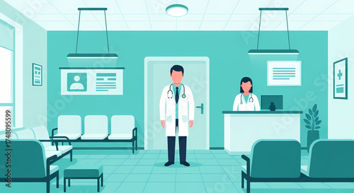 Welcoming medical clinic waiting room with friendly doctor and receptionist ready to assist patients, promoting trust and healthcare access in a modern, clean space