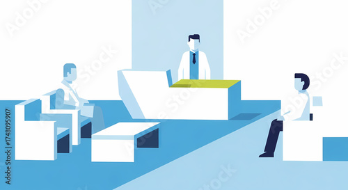 Modern hospital waiting area illustration with staff at reception desk welcomes patients, creating a calm, professional atmosphere for healthcare communication