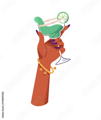 Woman holds glass of tequila decorated with slice of lime and hand ups to clink. Female with manicure cheers with cocktail, alcohol drink at the party. Flat isolated vector illustration on white.