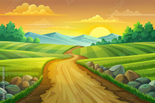 Rural dirt road through green farm fields under golden sunlight, countryside nature landscape illustration.