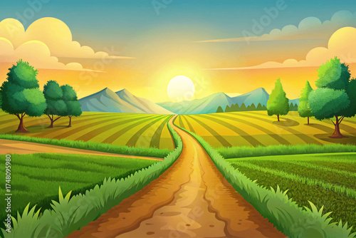 Rural dirt road through green farm fields under golden sunlight, countryside nature landscape illustration.
