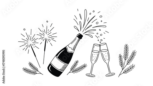Celebration champagne cheers sparkling bottle drink party new year holiday sparklers design vector drawing silhouette