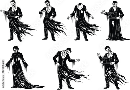 Ghostly businessman silhouette, haunted suit illustration, horror fashion concept, spooky male figure, dissolving spirit effect, surreal vector art for Halloween, mystery theme