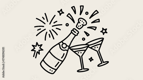 Champagne celebration party toast cheers drink bottle glasses stars bubbles new year eve holiday event 2024 silhouette