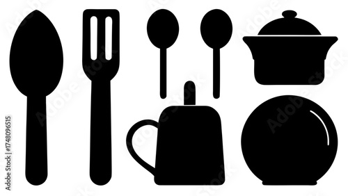 Sleek kitchenware collection featuring essential cooking utensils for modern homes or culinary projects, perfect for food blogs and recipe illustrations