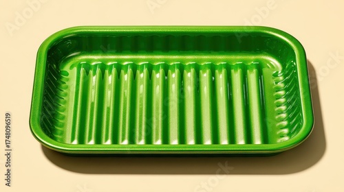 A bright green plastic food tray with a textured ribbed interior and a subtle yellow edge sits on a plain beige surface, casting a soft shadow.