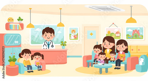 Adorable cartoon doctor welcomes families with children in a friendly clinic waiting room, offering reassurance and care in a cheerful atmosphere