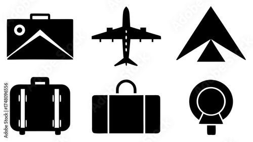 Plan your next adventure with these travel icons showing luggage, airplane, tent, and location pin, perfect for vacation planning and wanderlust imagery