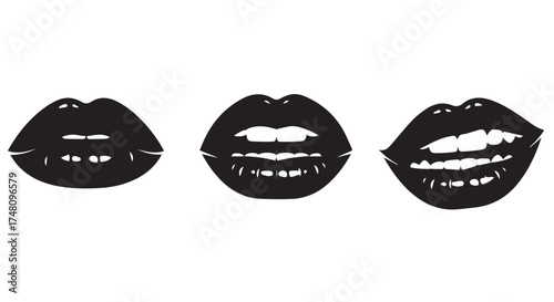 Three black silhouette lips with different expressions isolated on transparent background
