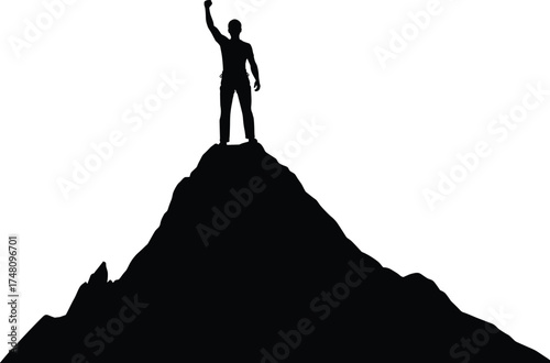 Mountain peak silhouette, triumphant climber, victory pose, rugged summit, outdoor adventure, success concept, achievement moment, vector illustration, goal reached, high altitude