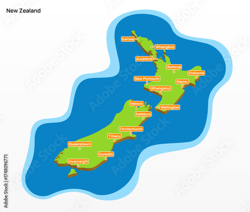 3d vector illustration of a colorful touristic map of New Zealand country shape 