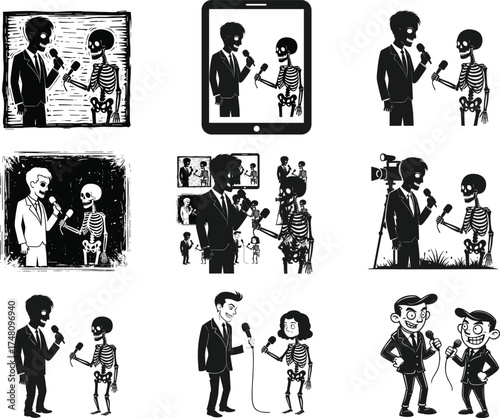 Skeleton interview cartoon, surreal media concept, humorous death dialogue, spooky broadcast scene, black and white vector illustration, eerie journalism, Halloween theme, satire