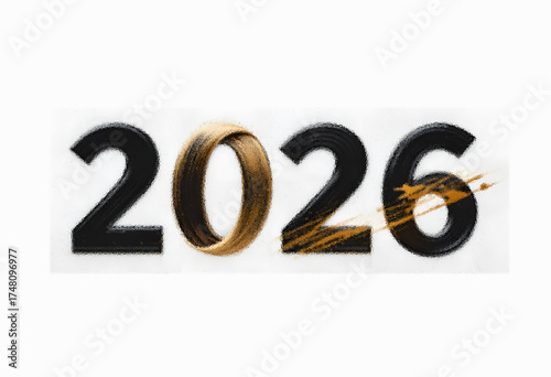 Artistic Brush Stroke 2026 Black and Gold Text New Year Celebration Concept Banner Design on White Background