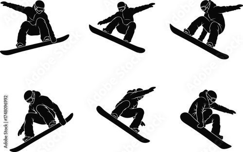 Snowboarder silhouette performing aerial tricks, extreme winter sport action, freestyle jump sequence, helmet safety gear, dynamic snowboarding pose, black vector illustration set