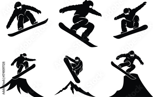 Snowboarding silhouette vector, extreme winter sport illustration, aerial tricks, freestyle jump poses, mountain action, dynamic snowboarder artwork for stock content