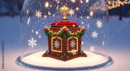 Christmas Music Box with Snowflakes in Glass Dome in Snowy Outdoor Scene at Night