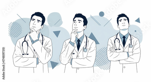 Three thoughtful doctors pondering medical solutions with stethoscopes and lab coats, ready to tackle healthcare challenges with expertise and care, line art
