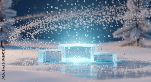 Icy Podium Display with Glowing Light and Snowfall Against Winter Background