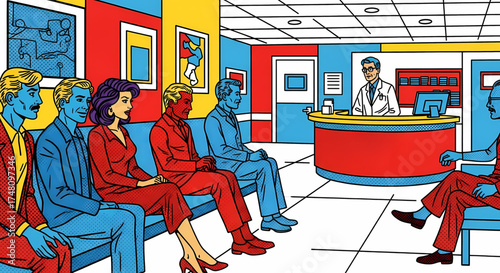 Vibrant pop art illustration of patients waiting for doctor at busy clinic, capturing a modern healthcare scene with waiting room and receptionist
