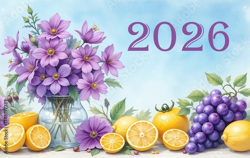 Happy New Year 2026 Floral and Fruit Still Life Greeting Card Watercolor Art Design for Celebration Banner Event