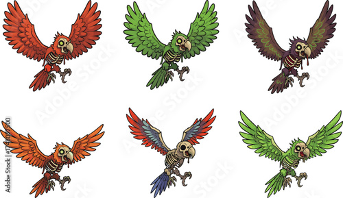Undead skeletal birds flying with colorful wings, fantasy horror zombie avian creatures for Halloween, game assets, spooky themed illustrations