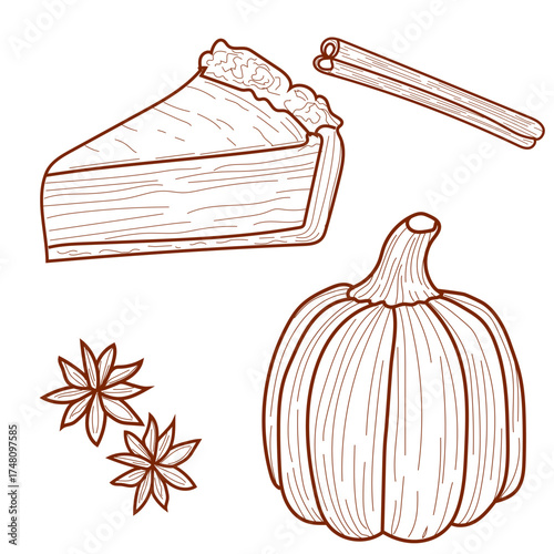 line art drawing of pumpkin, slice of pie, cinnamon sticks, autumn seasonal doodle style, vector line set, cozy fall items