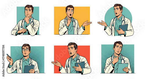Retro-style doctor illustrations portraying medical professionals, thoughtful physicians, and concerned healthcare providers in a vintage comic book design