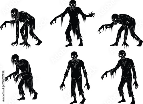 Zombie silhouette vector illustration, horror undead characters, Halloween graphic design, spooky monster clipart, creepy walking zombies, scary black figures, eerie poses