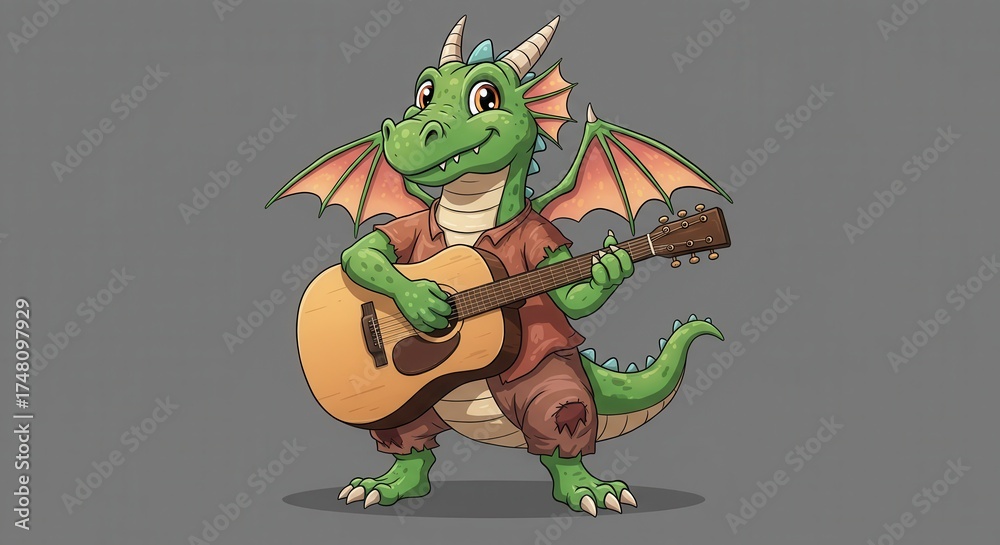 Fototapeta premium Green cartoon dragon plays acoustic guitar with wings spread.