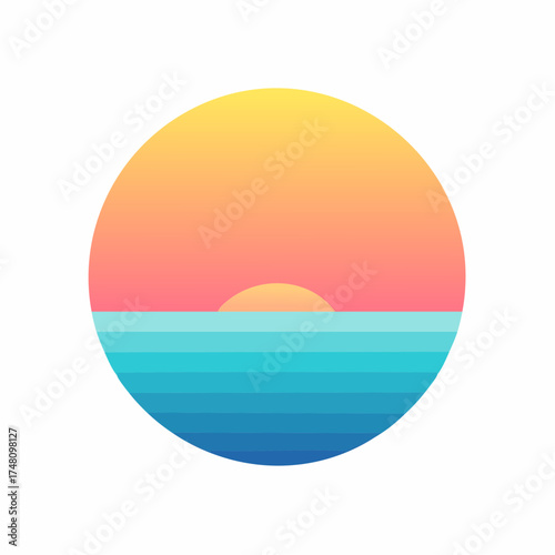 A minimalist, circular graphic depicting a sunset over the ocean, with layered colors and a serene, calming aesthetic.