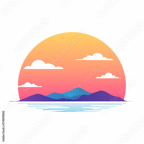 A serene vector illustration of a sunset with mountains, water, and clouds, creating a peaceful and calming atmosphere.