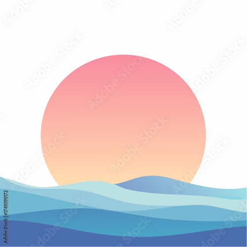 A minimalist illustration of a pastel-colored sun setting over gentle blue ocean waves, creating a peaceful and calming atmosphere.