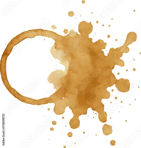 Brown coffee stain with visible ring mark on white background, abstract texture of spilled coffee droplets.