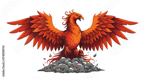 Majestic phoenix rising vector illustration of mythical bird on white