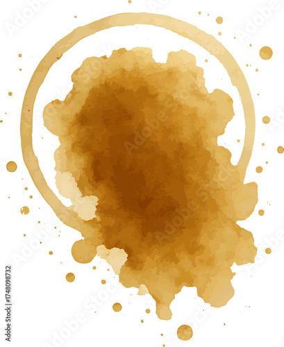 Brown coffee stain with visible ring mark on white background, abstract texture of spilled coffee droplets.