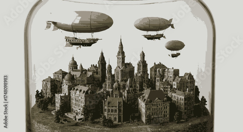 Miniature city with airships inside a glass jar concept art