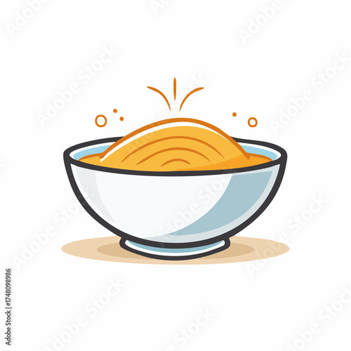 A cartoon illustration of a bowl filled with noodles, emitting a sense of warmth and comfort.