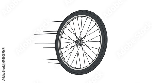Moving bicycle wheel graphic with speed lines isolated on white background
