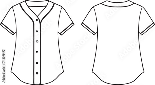 Baseball jersey vector template front and back view fashion cad flat sketch technical clothing design blank t-shirt mock up