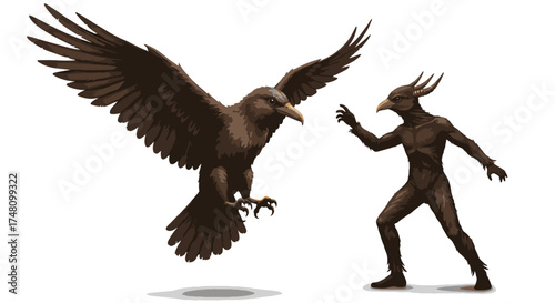 Mystical raven and figure artistic illustration on white background