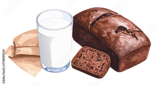 チョコケーキと牛乳の水彩風イラストセット　生成AI