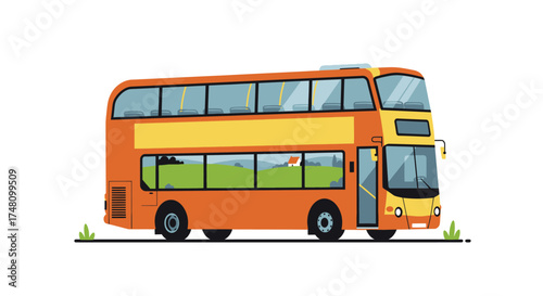 Orange double decker bus illustration on white background