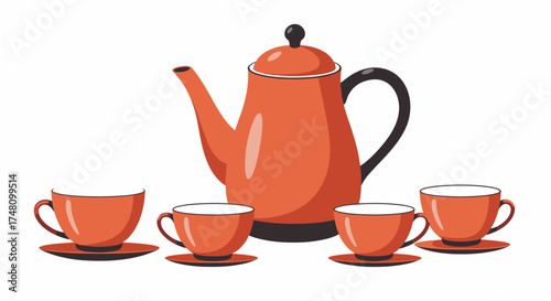 Orange teapot and cups vector illustration of tableware on white