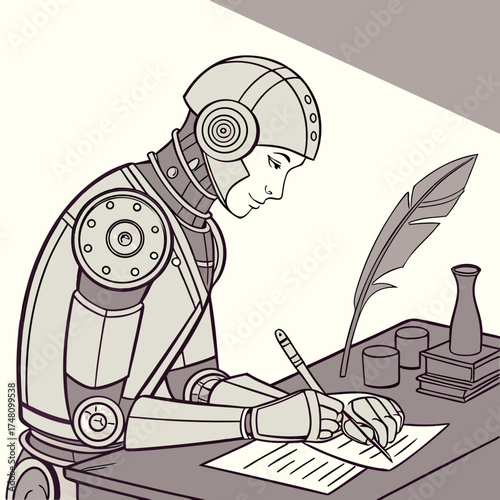 Robotic Author Writing at Desk with Quill and Ink