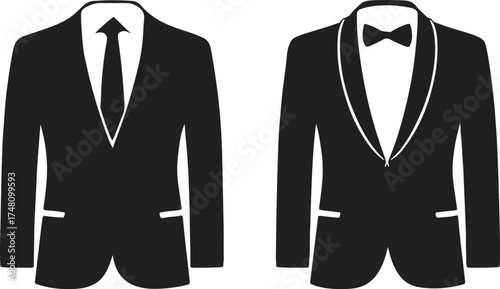 Elegant black suit jackets and tuxedo silhouettes with tie and bow tie, formal clothing illustration
