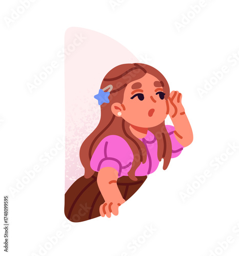 Interested girl looking out from window. Curious child peeking behind wall. Wondering kid with curiosity peeps, listens outside. Flat isolated vector illustration on white background.