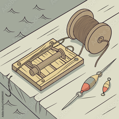 Rustic Wooden Fishing Tackle and Reel with Line