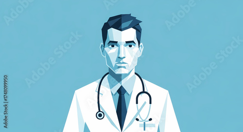 Modern geometric portrait of a confident doctor with stethoscope ready to provide compassionate care, ideal for healthcare marketing and medical service promotions